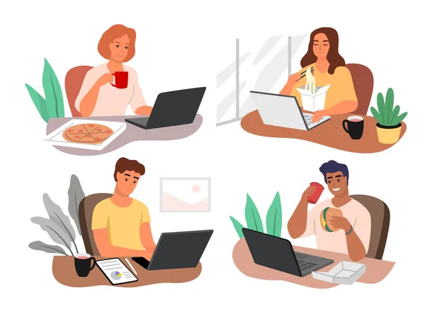 People eating food at office vector. Lunch break business rush concept. — Stock Vector