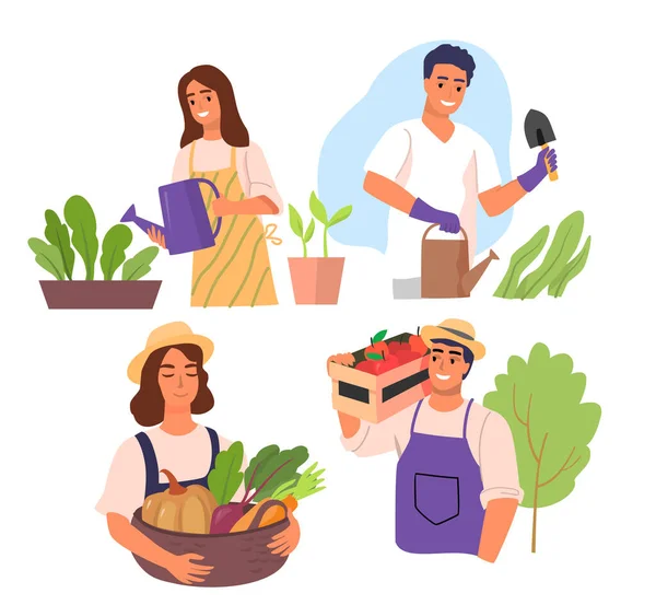 La gente de jardinería establece el vector. Hombre y mujer plantando vegetales en el jardín — Vector de stock