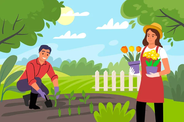 Ζευγάρι που μαζεύει φυτά στην αυλή. Άνδρες και γυναίκες κηπουροί — Διανυσματικό Αρχείο