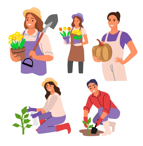 La gente de jardinería establece el vector. Hombre y mujer plantando hortalizas y flores en el jardín Ilustración De Stock