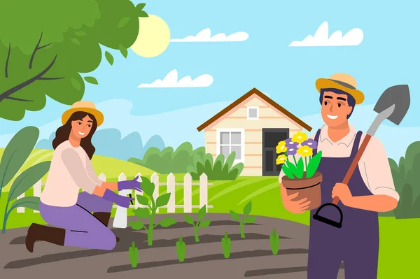 Homem e mulher fazendo jardinagem vetor de trabalho. As pessoas primavera Gráficos De Vetores