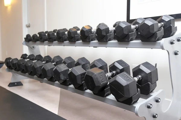Bir fitness stüdyosu dizilmiş dilsiz çanları — Stok fotoğraf