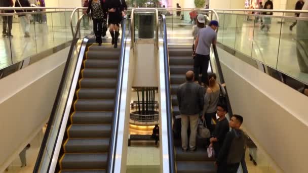 Занятые эскалаторы в торговом центре Метрополиса — стоковое видео