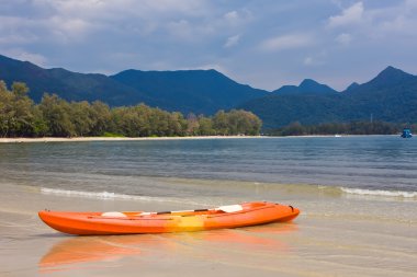 mavi dağ ile sahilde turuncu kayık