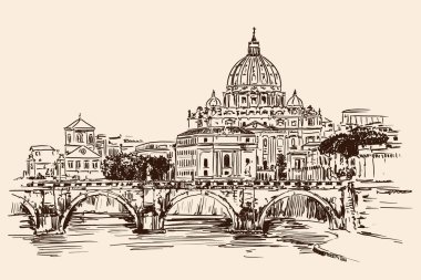 Roma 'daki Tiber Nehri üzerindeki Aziz Peter Katedrali manzarası. Hızlı çizim.