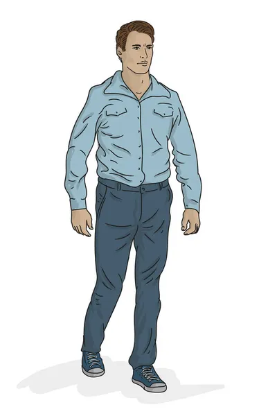 一个穿着蓝色衬衫 牛仔裤和运动鞋的中年男子走路 在白色背景上孤立的矢量图形 — 图库矢量图片