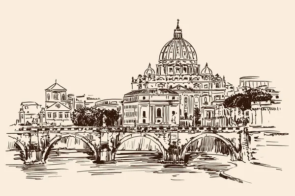 Veduta Della Cattedrale San Pietro Sul Fiume Tevere Roma Schizzo — Vettoriale Stock