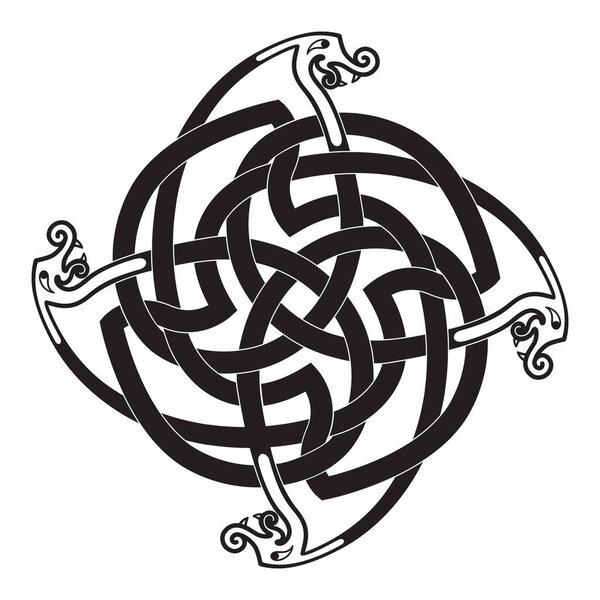 Celtic national ornament in the form of four intertwining dragons isolated on a white background.
