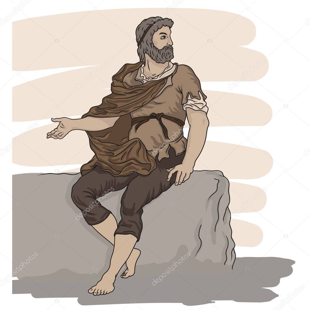 A man in old-fashioned clothes sits on a stone and gestures.