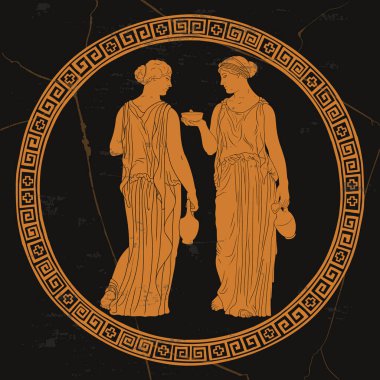 İki narin Antik Yunan kadını ayakta dikilip konuşuyorlar. Antika bir tabağın altına resim çiziyorum.
