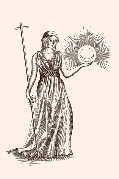 Молодая Стройная Женщина Крестом Луной Руках Гравировка Средневековом Стиле — стоковый вектор