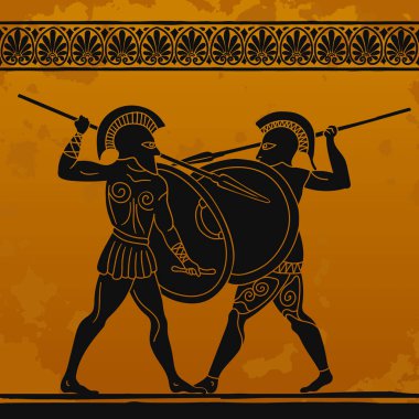 Ellerinde mızrakları ve kalkanları olan iki antik Yunan savaşçısı. Tabaklardaki resmin bir parçası..