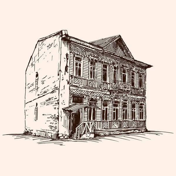 ベージュの背景に手のスケッチ ヨーロッパ様式の古いレンガ造りの家 — ストックベクタ