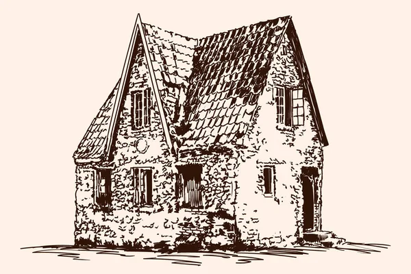 Hand Sketch Beige Background Old Brick House Tiled Roof European — Stock Vector