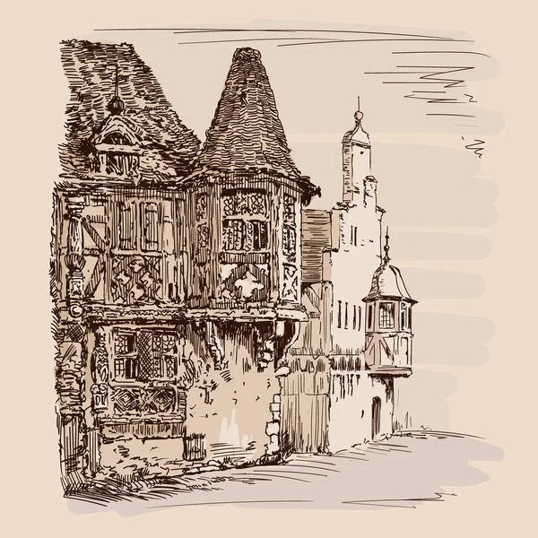 ベージュの背景に手のスケッチ ヨーロッパスタイルのタイル張りの屋根を持つ古いレンガ造りの家 — ストックベクタ