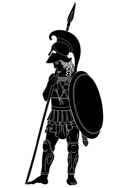Αρχαίος Έλληνας Πολεμιστής Λόγχες Και Ασπίδες Στα Χέρια Του Σχήμα — Διανυσματικό Αρχείο