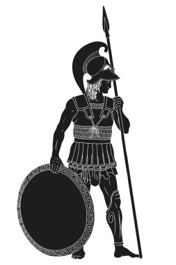 Ellerinde mızrakları ve kalkanları olan eski Yunan savaşçısı. Beyaz arkaplanda izole edilmiş figür.