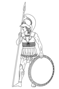 Ellerinde mızrakları ve kalkanları olan eski Yunan savaşçısı. Beyaz arkaplanda izole edilmiş figür.