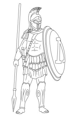 Ellerinde mızrakları ve kalkanları olan eski Yunan savaşçısı. Beyaz arkaplanda izole edilmiş figür.
