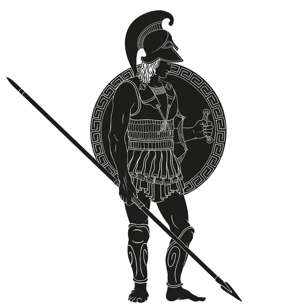 Antiguo Guerrero Griego Con Lanzas Escudos Sus Manos Figura Aislada — Vector de stock