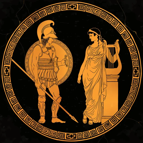 鎧を着た古代ギリシャの戦士と槍と盾とハープを持つチュニックの女性とヘルメット 丸枠に平たい飾りのついた二体の人物 — ストックベクタ