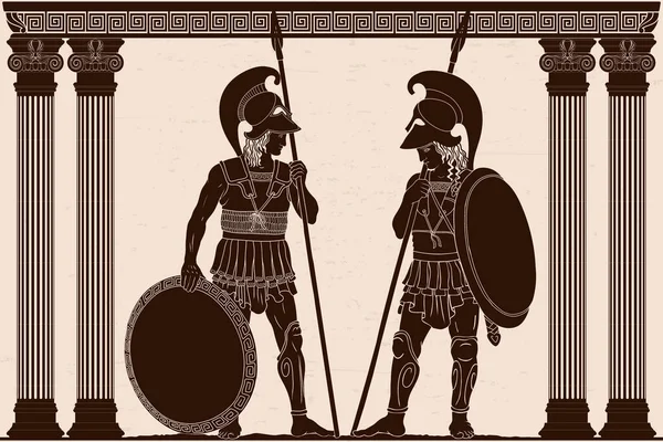 Two Ancient Greek Warriors Spears Shields Helmets Stand Temple Columns — Stock Vector