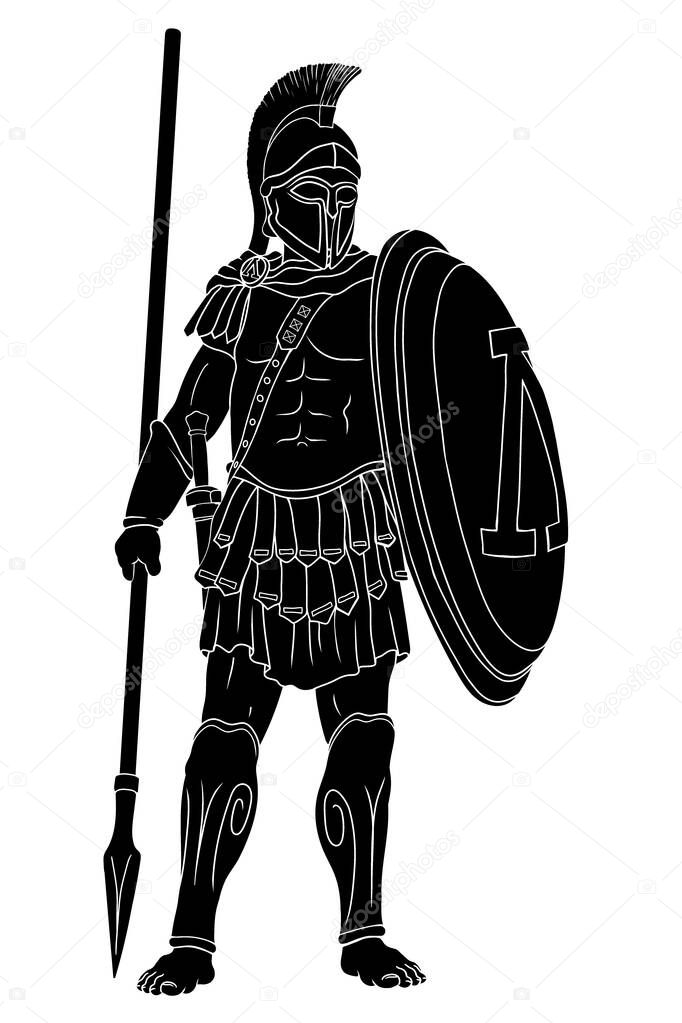 Ancient spartan warrior with a spears and shields in their hands. Figure isolated on white background.