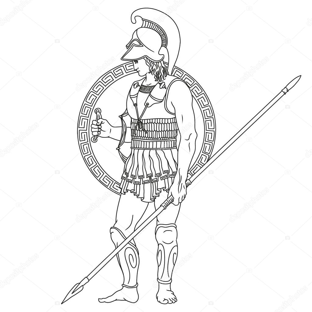 Ancient Greek warrior with a spears and shields in their hands. Figure isolated on white background.