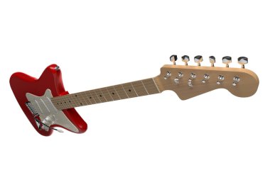 Beyaz arka planda altı telli, tahta gövdeli ve fretboard izole kırmızı elektro gitar..