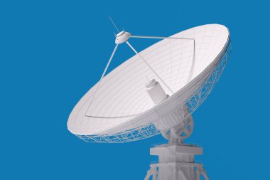 Mavi bir arkaplanda bilgi aktarımı ve alımı için parabolik bir antenin 3D modeli.
