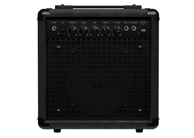 Beyaz zemin üzerinde izole edilmiş elektro gitar hoparlörü olan siyah kombinasyon yükselticisi. 3d illüstrasyon