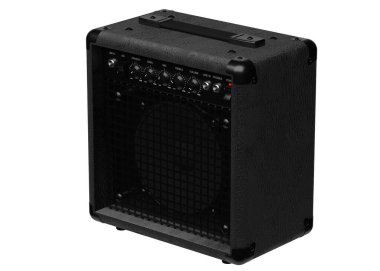 Beyaz zemin üzerinde izole edilmiş elektro gitar hoparlörü olan siyah kombinasyon yükselticisi. 3d illüstrasyon