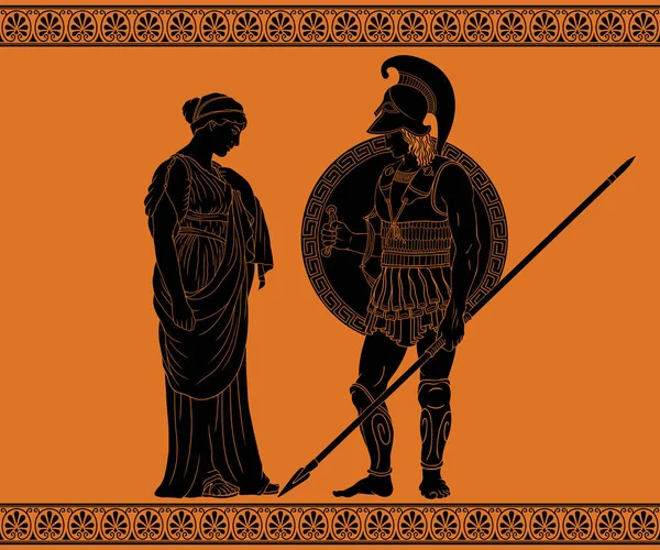 彼の手に槍と頭にヘルメットを持つ古代ギリシャの戦士はチュニックの女性と話しています — ストックベクタ