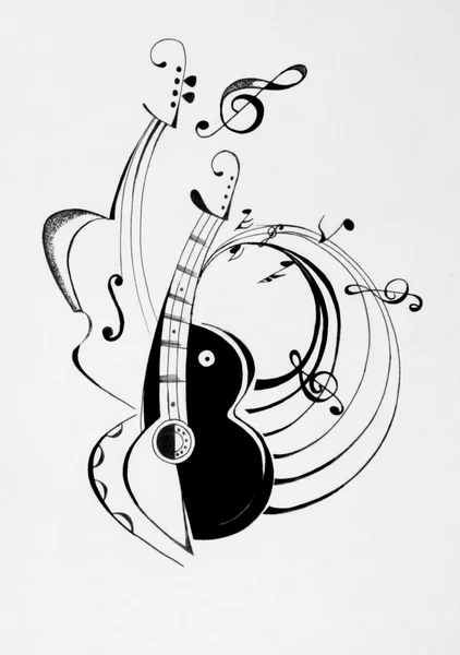 Foto de guitarra con notas musicales — Foto de Stock