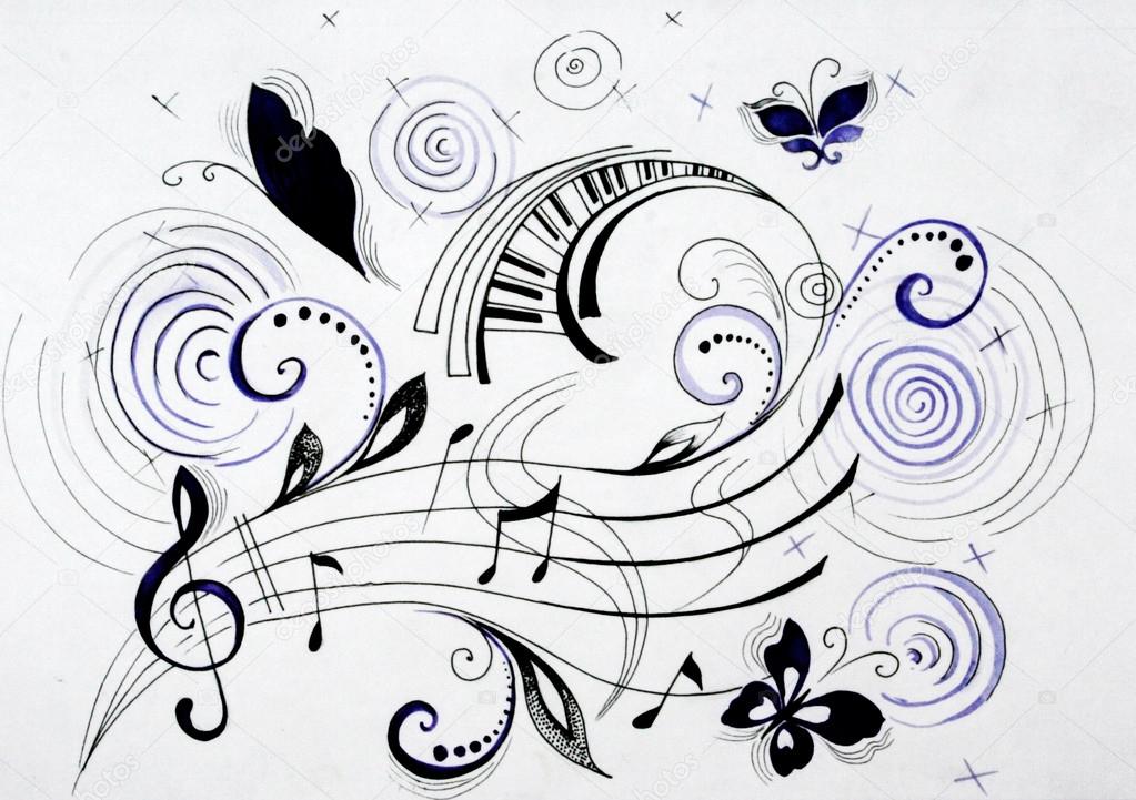 Picture of flying musical notes with some geometrical elements
