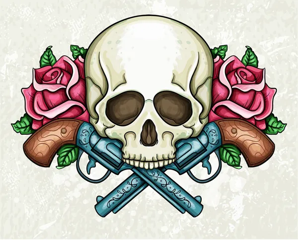 Crânio, armas cruzadas e rosas — Vetor de Stock