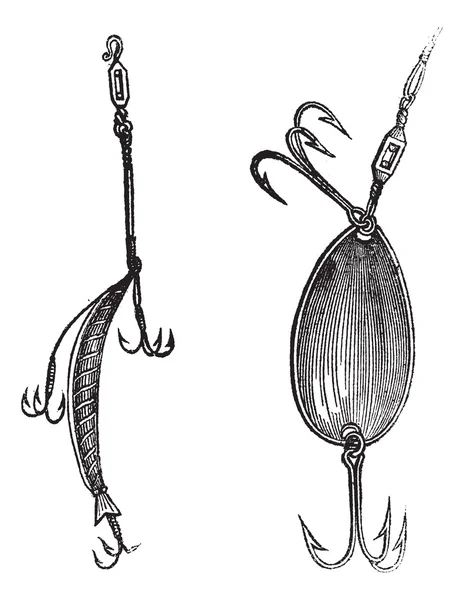 Fishing Lures, Fig. 86. Plug, Fig. 87. Lingură, gravură vintage . — Vector de stoc