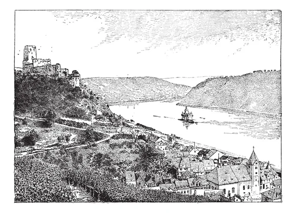 Burg gutenfels, rhin floden, Tyskland, vintage gravyr. — Stock vektor