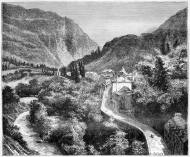 Luz st sauveur, midi pyrenees, Fransa, antika gravür.