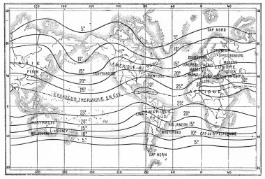 Map of isothermal lines or isotherms of summer, vintage engravin