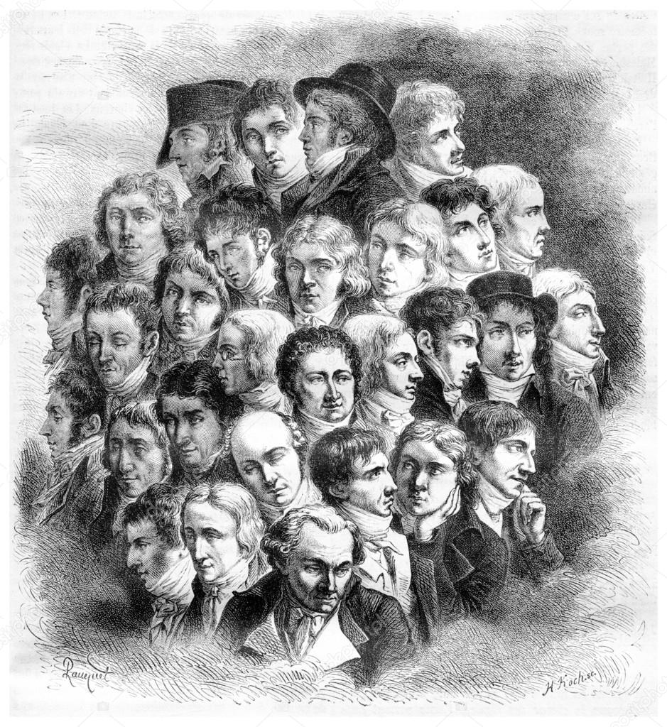 Group of artists, by Boilly, vintage engraving.