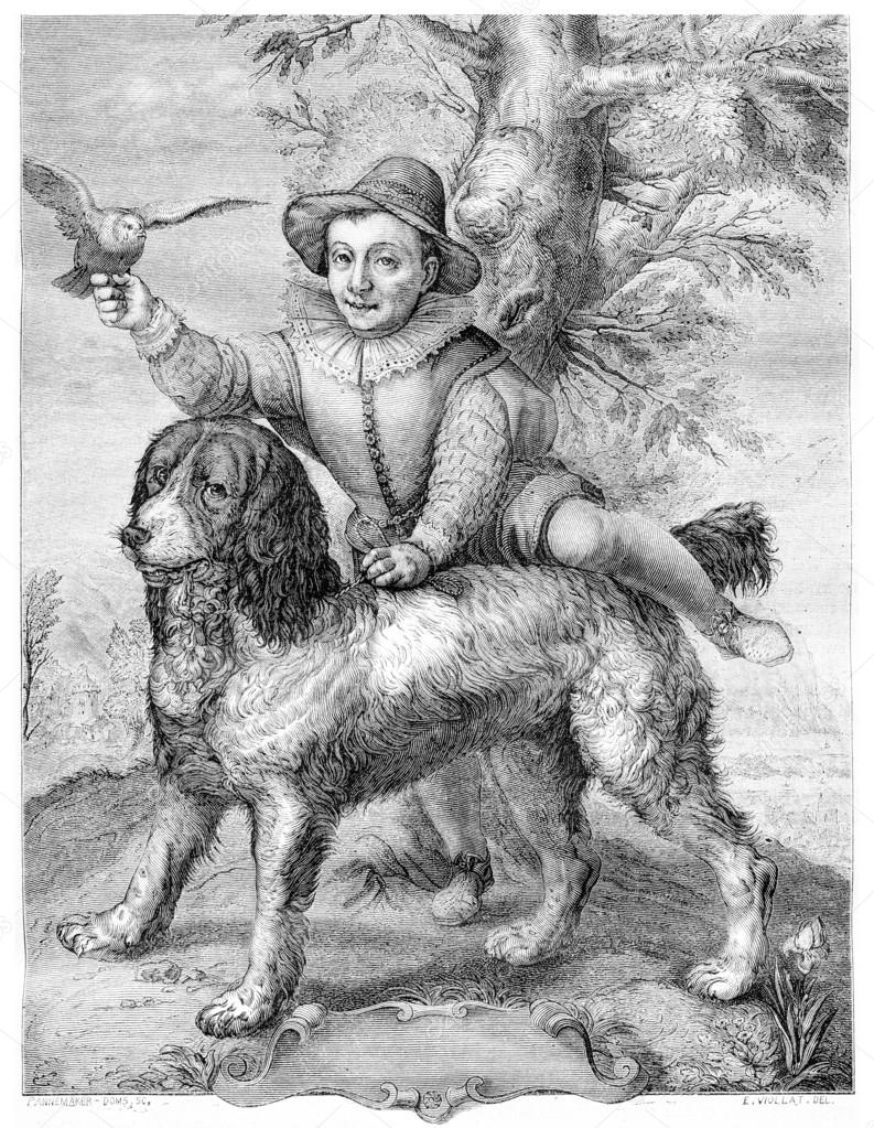Frisius's son and the dog Goltzius, vintage engraving.