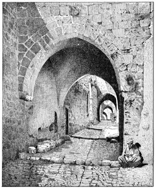 Şehir, Kudüs, antika gravür sokak görünümü.