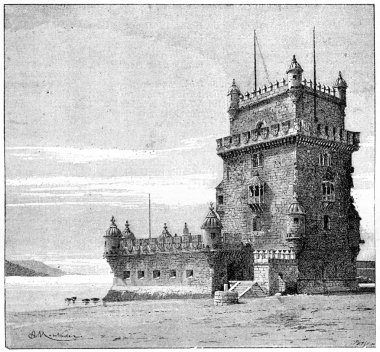 Belem Kulesi, Lizbon, Portekiz, antika gravür