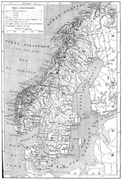 Carte de Scandinavie - Suède, Norvège et Danemark gravure vintage — Photo
