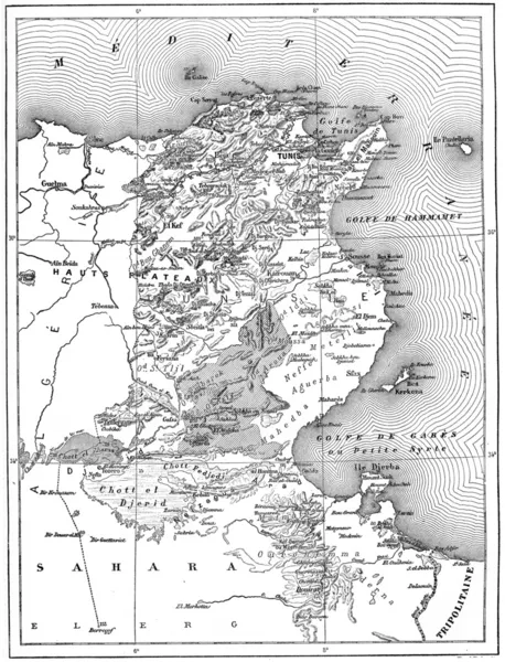 Mapa Tunezji, Grawerowanie vintage — Zdjęcie stockowe