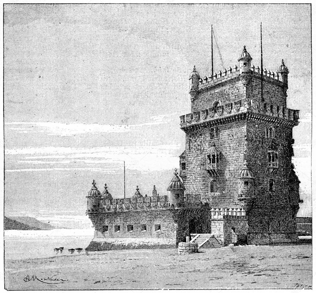 Belem Tower, in Lisbon, Portugal, vintage engraving Stock Photo by ...