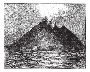 Erupting volcano, Stromboli, Italy, vintage engraving. clipart