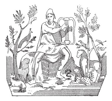 Orpheus attracting wild animals to the sound of his lyre, vintag clipart