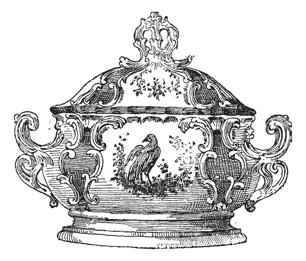 Tureen, un plat de service pour la nourriture, gravure vintage . — Image vectorielle